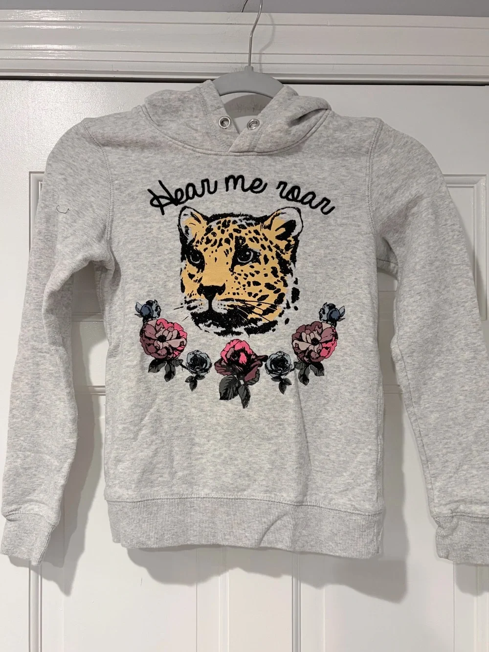 H&M Light Gray Hoodie with Leopard and Floral Graphic